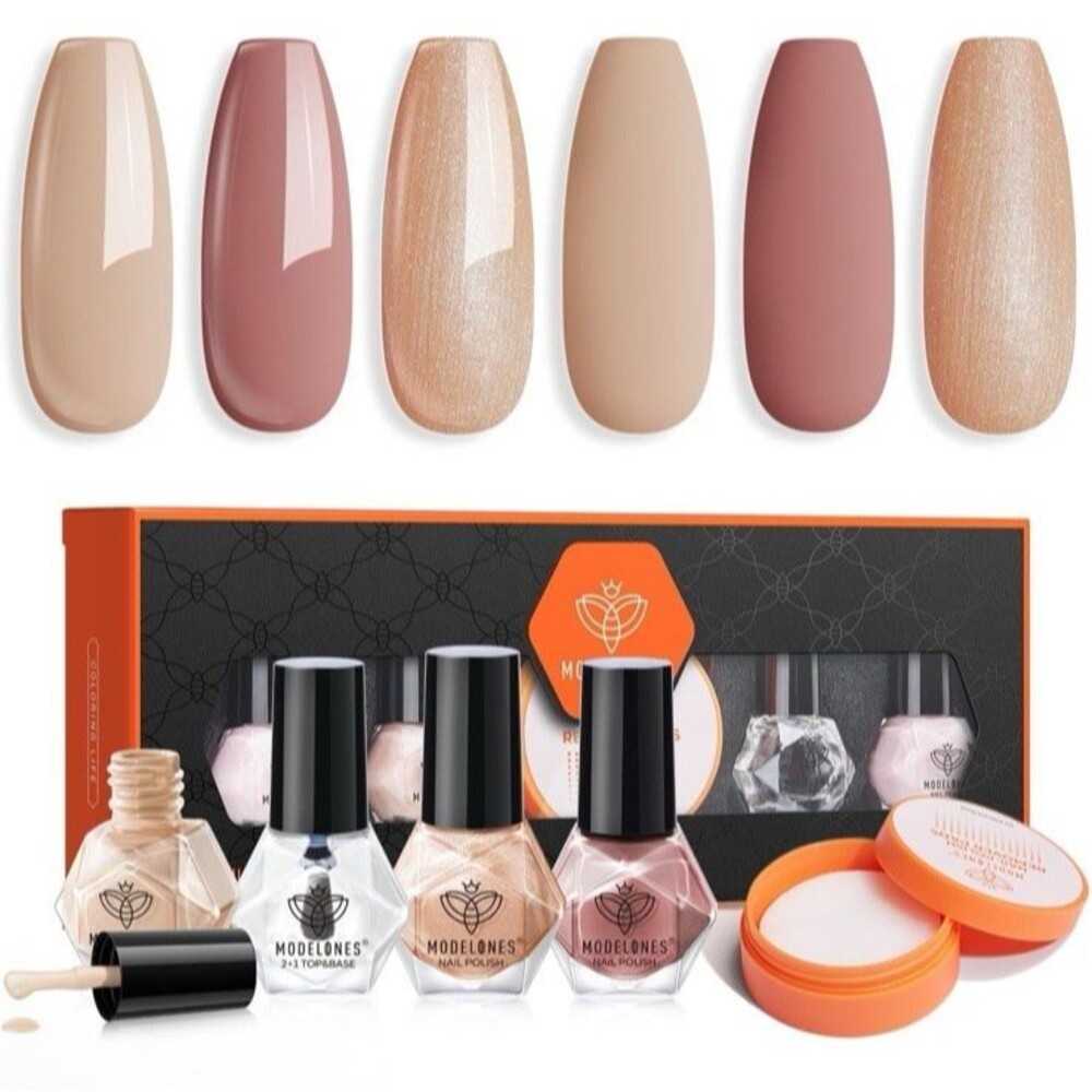 Modelones Nail Polish 5pc Set Nude Shades w/ Top Base Coat & 42pc Remover Pads